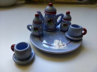Vintage Miniature Ceramic Glaze Snowman Tea Set Christmas Doll House Collectible 3