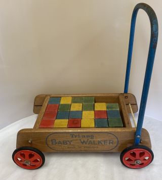 Vintage Triang Wooden Baby Walker With Blocks - 2 Blocks Missing (d5)