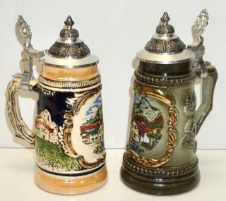 2 Handarbeit Lidded Beer Steins Germany Small 7 " Tall No Damage