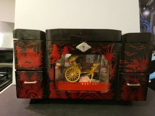 Vintage Black Lacquer Japanese Music Jewelry Box Geisha Rickshaw
