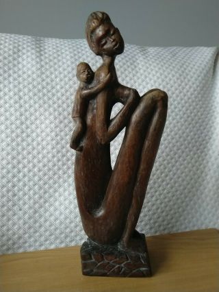 Vtg Hand Carved Wood Haitian Folk Art Statue Signed Woman Child On Back 13.  5 "