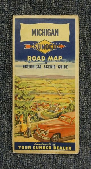 Vintage 1949 Sunoco Oil Company Road Map Of Michigan -