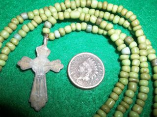 Fur Trade Cross Green Turquoise Glass Bead Necklace 1700s Colonial Christian