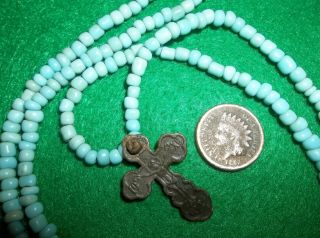 Fur Trade Cross Turquoise Glass Bead Necklace 1700s Colonial Christian Relic