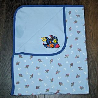 Flaw Vtg Gymboree 2000 Blue Rocket Space Ship Dogs Baby Blanket Star Moon