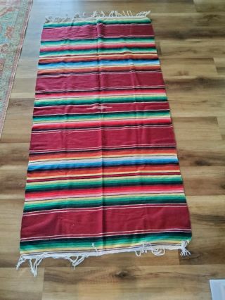 Vintage Mexican Saltillo Fine Weave Wool Blanket Rug With Fringe 38x72 "