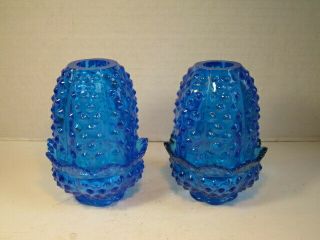 2 Vtg Fenton Blue Hobnail Pattern Fairy Candle Lamps