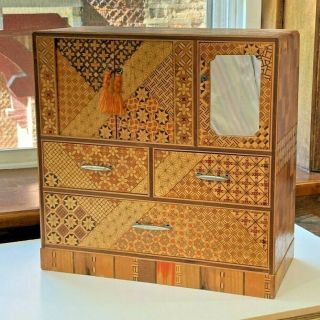 Large Japanese Jewelry Box With Marquetry Mount Fuji And Mirror Circa 1930s