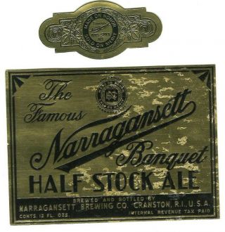 Narragansett Half Stock Ale Beer Label,  Irtp,  Narragansett,  Cranston,  Ri W/neck