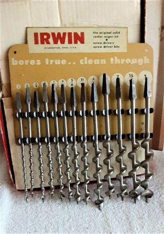 Vintage Irwin Auger Bit Set With Metal Advertising Sign And Box Display