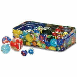 Retro Set Of 60 Glass Marbles In A Tin Box - Vintage Colours Vary