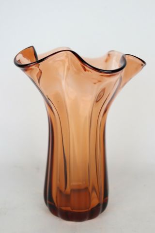 Large Vintage Hand Blown Peach Thick Art Glass Ruffled Top Vase,  Polished Base