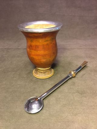 Vintage Argentina Yerba Mate Tea Gourd Cup Mug Bombilla Straw Set