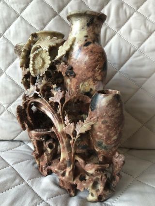 Hand Carved Soapstone Floral Sculptured Triple Vase Early Chinese 2