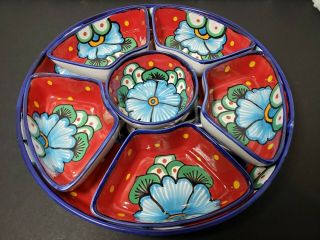 Talavera Mexican Pottery 7 - Piece Chip Dip Relish Serving Tray Red & Turquoise