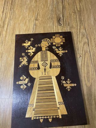 Vintage Russian Straw Marquetry Folk Art Lacquered Wood Inlay Made In Ussr Lady