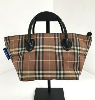 Authentic Vintage Burberry Brown Nova Check Stripe Canvas Leather Tote Hand Bag
