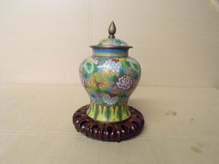 Vintage Cloisonne Floral Brass Vase With Lid And Stand.
