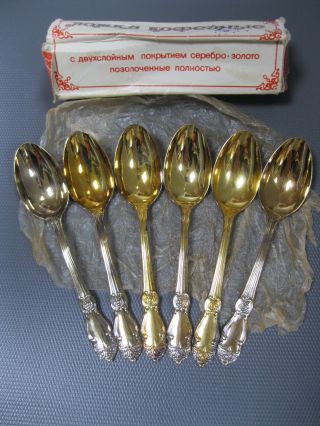 Ussr Vintage Set 6 Kolchugino Coffee Spoons Silver Gold Plated
