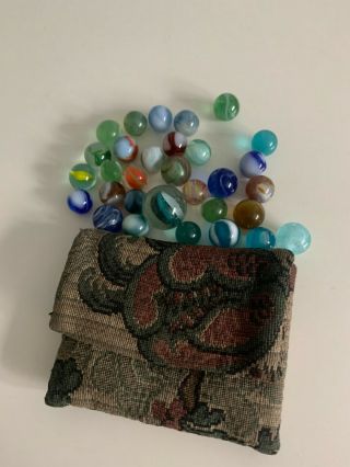 30 Assorted Vintage Glass Marbles In Old Tapestry Purse