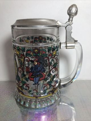 Vintage German Glass & Pewter Lidded Beer Stein Man Woman Lions Floral Rein Zinn
