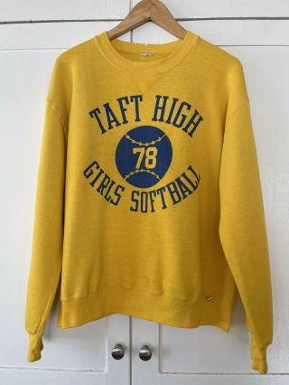 Vintage 70s Russell Athletic Softball Sweatshirt Yellow Taft High School Large