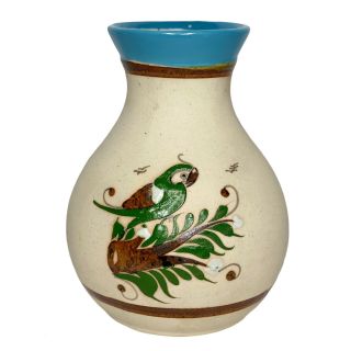 Mexican Tonala Sandstone Pottery Vase Hand Painted Enamel Parrot Bird Signed