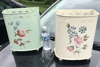 Vintage Detecto Tole Painted Waste Basket Trash Can Shabby Rose Half Moon Pair