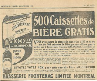 1915 500 Cases Of Frontenac Beer For A Name Ad In French
