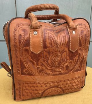 Vintage Hand Tooled Leather Bowling Ball Bag Mexico Motif No Problems Luggage