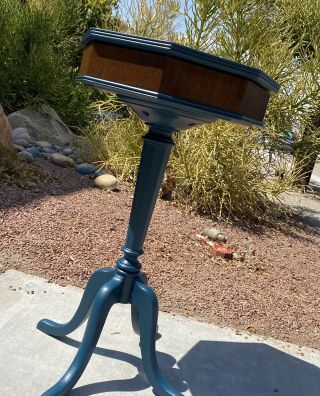 Vintage Solid Wood 4 Legged Octagonal Drum Pedestal Side Table With Storage