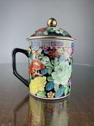 Chinese Teacup Zhongguo Jingdezhen Porcelain Lidded Mug Millefleuer Noire