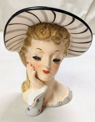 Vintage Napco Lady Head Vase C1776c 1956 Hand And Hat Rhinestones