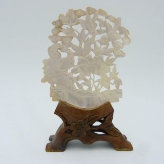 Early 20th Century Chinese Mother Of Pearl Carved Plaque On Wooden Stand
