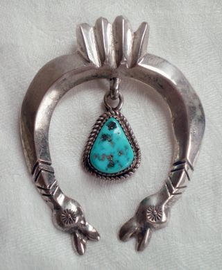 Vintage Signed Navajo Sterling Silver Turquoise Squash Blossom Yel Naja Pendant