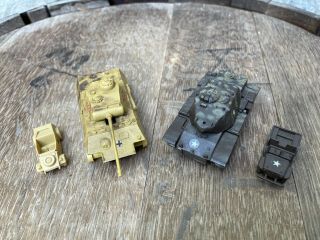2 Vintage Made In Japan Wind - Up Plastic And Metal Toy Military Tanks With Jeeps