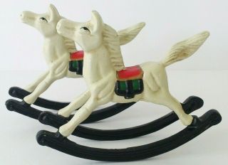 Two White Painted Cast Iron Christmas Rocking Horses Red Green Gold Saddles Pair