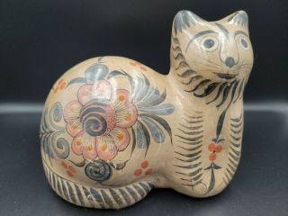Vintage Mexican Folk Art Hand Painted Pottery Cat Figurine Statue Signed