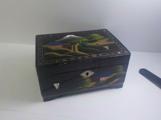 Vintage Black Lacquer Japanese Music Jewelry Box Mother Of Pearl Inlay Mt.  Fuji