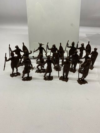 16pc Mpc Brown Plastic Tribal African Natives Warrior Figures Old Stock