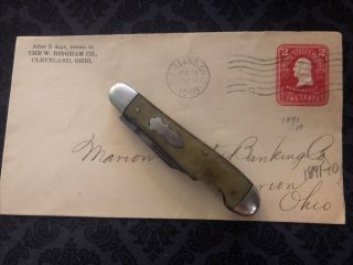 Antique W.  Bingham Co.  Cleveland Pocket Knife W/ 2c 1902 Pp Letter