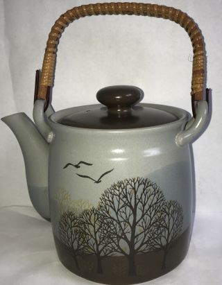 Vintage Otagiri Japanese Tea Set Teapot and 6 Teacups Bamboo Handle Trees 2