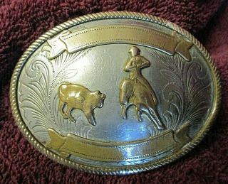 Vintage Western Nickel Silver Rodeo Calf Roping Belt Buckle Cowboy