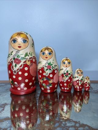 5 Vintage Russian Art Nesting Dolls Matryoshka Hand Painted Polka Dot Roses