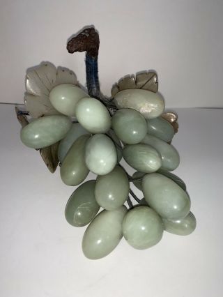 Vintage Stone Jade Large Green Grape Cluster With Carved Leaves