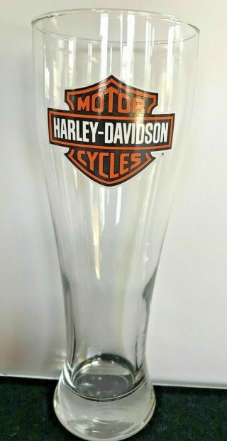 Harley - Davidson 9 1/2 " Tall Pilsner Beer Glass,  Orange/black Bar & Shield Logo