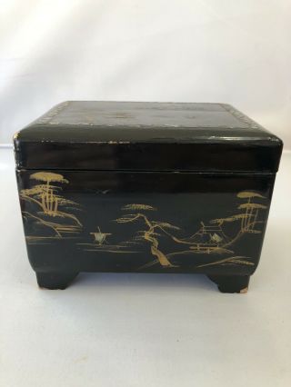 Vintage Musical Jewelry Box Hand Painted Black Lacquer Mother Of Pearl Chips
