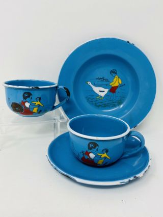 Child’s Toy Enamelware Cups,  Saucer And Bowl Germany.  Graniteware