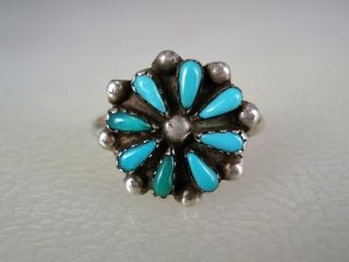 Vintage Zuni Sterling Silver & Petitpoint Turquoise Cluster Ring Size 10.  25