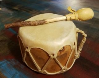 Vintage 5 " Rawhide Wood Drum With Mallet Native American Ceremonial Percussion